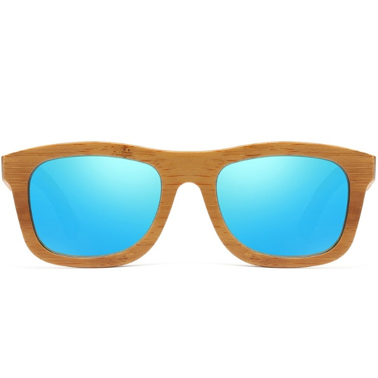 aofe's Dulcet vibrant blue square wayfarer unique design handmade wooden sunglasses for men and women with mirrored polarized lenses