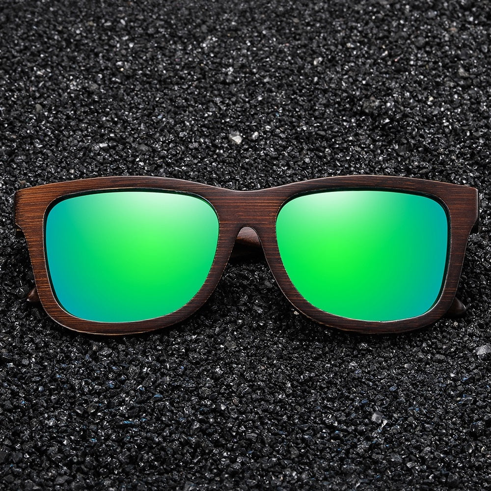 Esoteric green square wayfarer handmade wooden men's and women’s sunglasses with polarized and mirror lenses at aofe the tendy online eyewear store