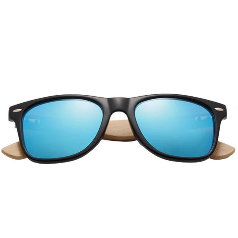 aofe's Astute vibrant blue square wayfarer bamboo wood sunglasses for men with iconic nerd style frame and mirrored polarized lenses