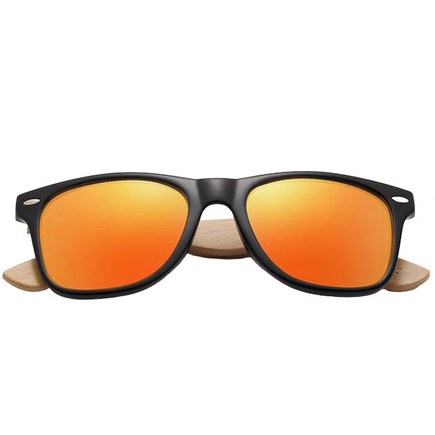 aofe's Astute vibrant orange square wayfarer bamboo wood sunglasses for men with iconic nerd style frame and mirrored polarized lenses