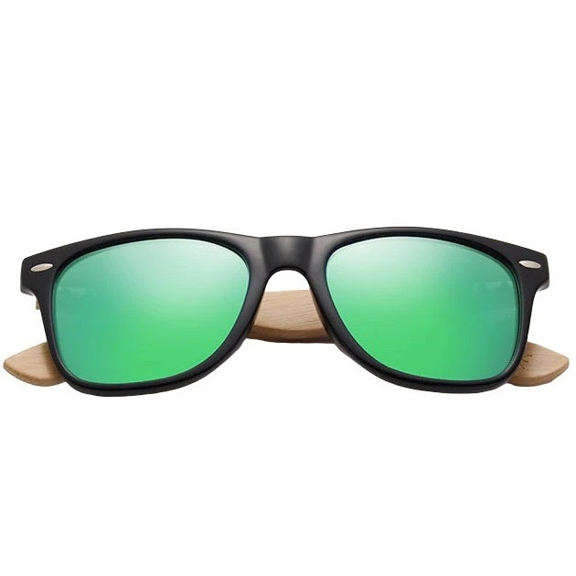 aofe’s Astute vibrant green square wayfarer black frame wooden sunglasses for men with anti reflective polarized mirror lenses