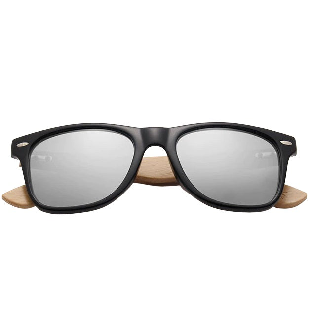 aofe's Astute silver square wayfarer bamboo wood sunglasses for men with iconic nerd style frame and mirrored polarized lenses