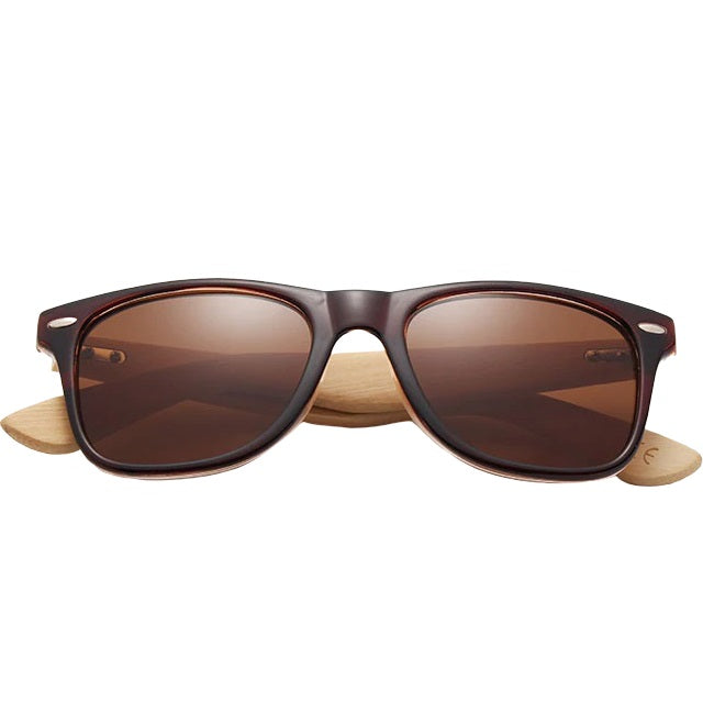 aofe's Astute brown square wayfarer bamboo wood sunglasses for men with iconic nerd style frame and mirrored polarized lenses