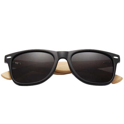 aofe's Astute matte black square wayfarer bamboo wood sunglasses for men with iconic nerd style frame and mirrored polarized lenses