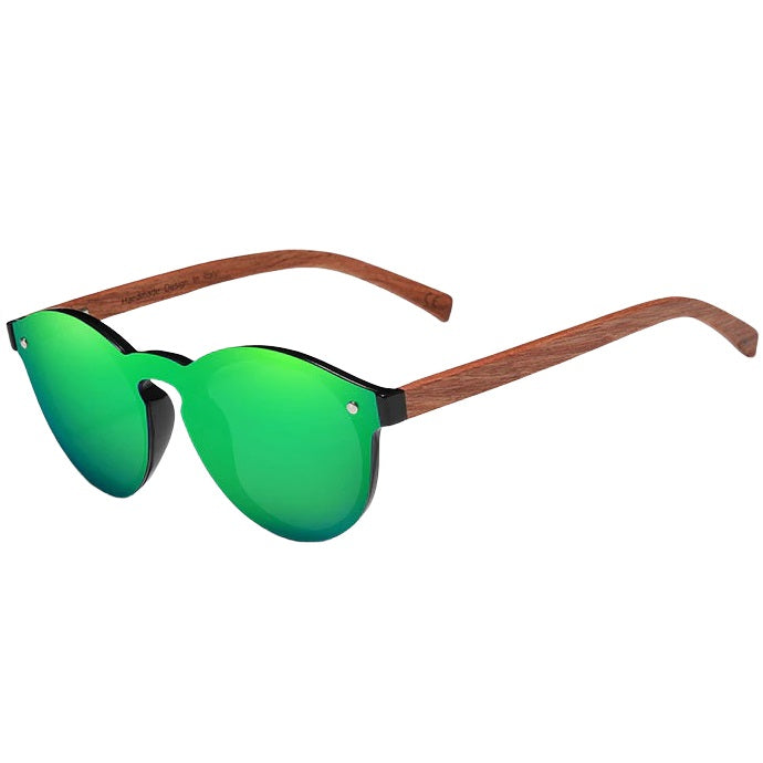 Lucent vibrant green round high quality bubinga wood men's and women’s sunglasses with anti reflective polarized lenses at aofe the unique online eyewear shop