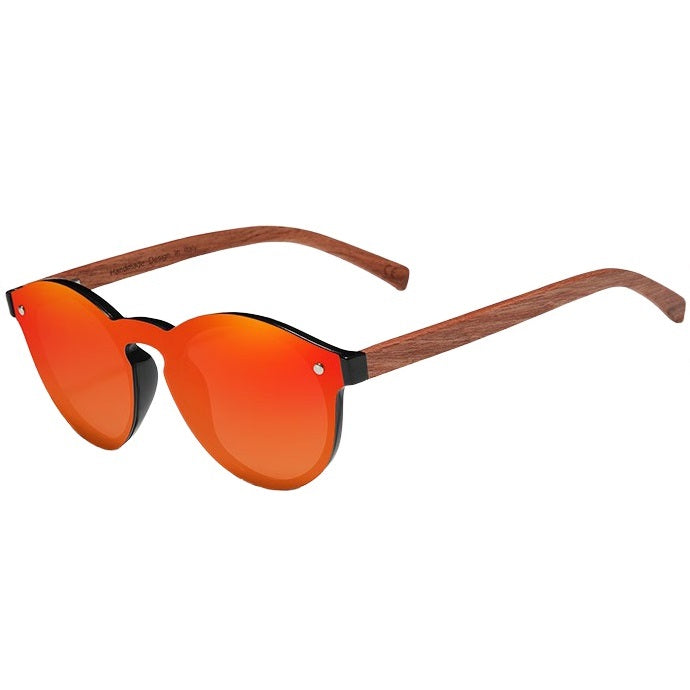 Lucent vibrant red round high quality bubinga wood men's and women’s sunglasses with anti reflective polarized lenses at aofe the unique online eyewear shop