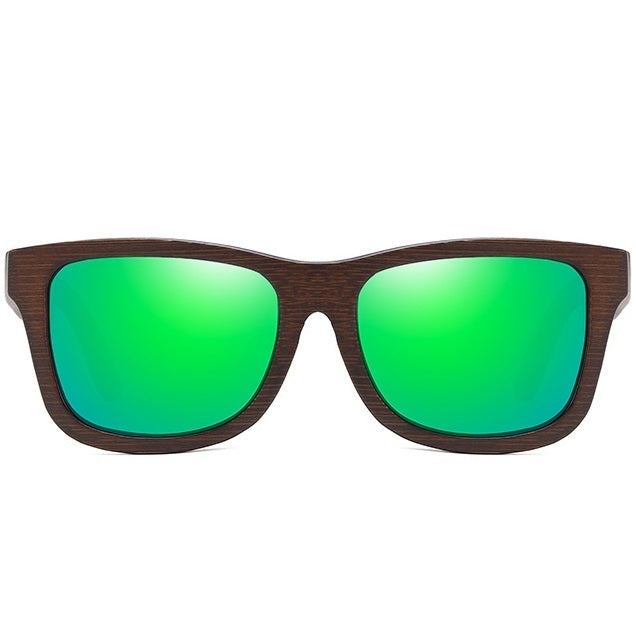 aofe's Esoteric green square wayfarer handmade bamboo wood sunglasses for men and women with polarized lenses