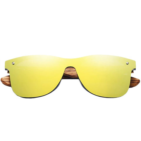 aofe's Intrepid gold square rimless wayfarer handmade bamboo wood sunglasses for men and women with polarized lenses