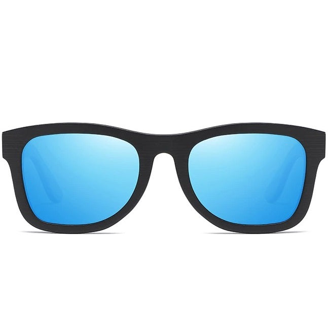 aofe's Arcane vibrant blue square wayfarer unique design handmade wooden sunglasses for men and women with mirrored polarized lenses
