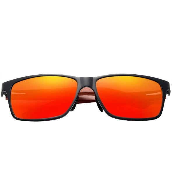 aofe's Smug vibrant red square wayfarer wooden sunglasses for men in sports eyewear style and mirrored polarized lenses