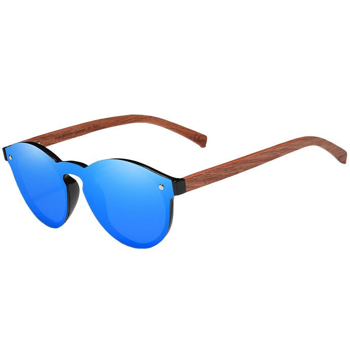 Lucent vibrant blue round high quality bubinga wood men's and women’s sunglasses with anti reflective polarized lenses at aofe the unique online eyewear shop