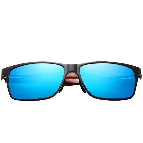 aofe's Smug vibrant blue square wayfarer wooden sunglasses for men in sports eyewear style and mirrored polarized lenses