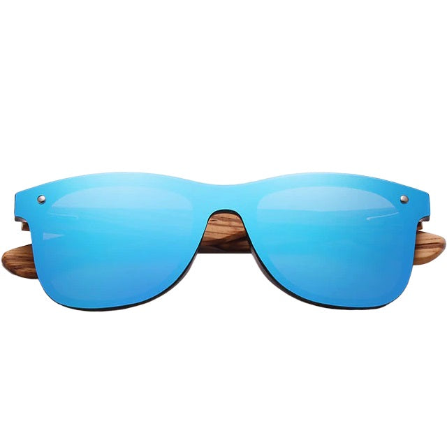 aofe's Intrepid unique design handmade wooden sunglasses vibrant blue square rimless wayfarer for men and women with mirrored polarized lenses