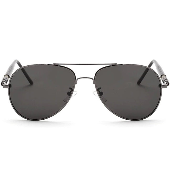 aofe's Brio iconic aviator sunglasses with gold rim high gloss metal frame for men and women in gun metal with best quality anti reflective photochromic polarized lenses