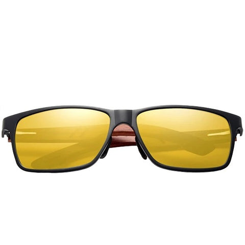aofe's Smug night vision yellow square wayfarer wooden sunglasses for men in sports eyewear style and polarized lenses