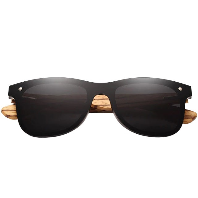 aofe's Intrepid unique design handmade wooden sunglasses black square rimless wayfarer for men and women with mirrored polarized lenses