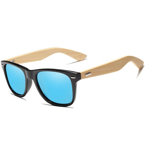 Astute vibrant blue square wayfarer bamboo wood men's sunglasses with polarized mirrored lenses at aofe the best online eyewear store