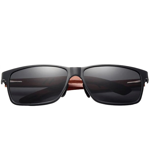 aofe's Smug matte black square wayfarer wooden sunglasses for men in sports eyewear style and polarized lenses