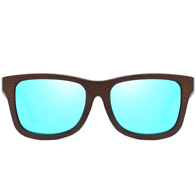 aofe's Esoteric cool blue square wayfarer wooden sunglasses for men and women with mirrored polarized lenses
