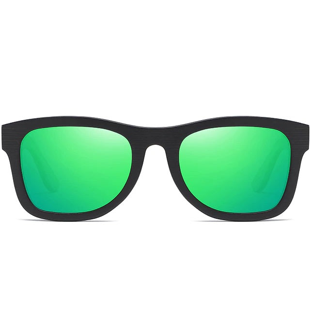 aofe's Arcane vibrant green square wayfarer unique design handmade wooden sunglasses for men and women with mirrored polarized lenses