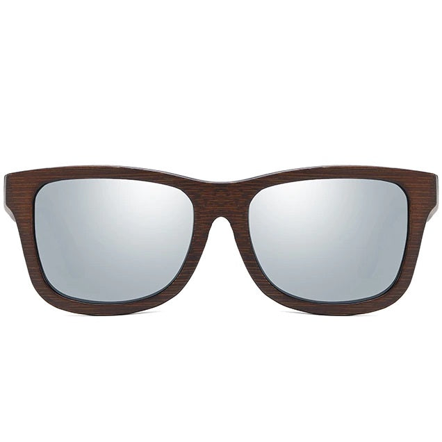 aofe's Esoteric silver square wayfarer wooden sunglasses for men and women with mirrored polarized lenses