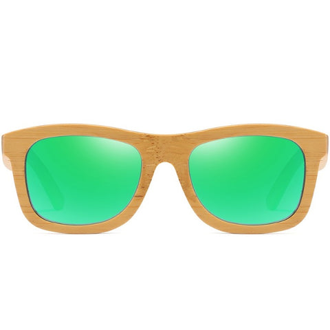 aofe's Dulcet vibrant green square wayfarer unique design handmade wooden sunglasses for men and women with mirrored polarized lenses