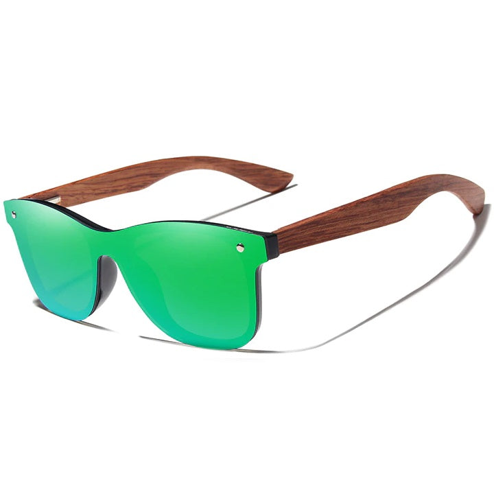 Errant green handmade rimless wooden unique square wayfarer men's and women’s sunglasses with polarized lenses at aofe the online designer eyewear shop