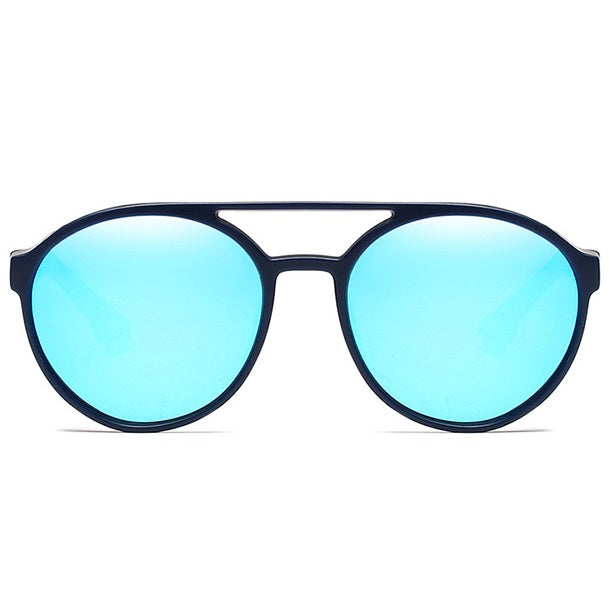 aofe's Mnemonic punk style unique design retro round sunglasses for men and women with high quality anti reflective mirrored vibrant blue polarized lenses