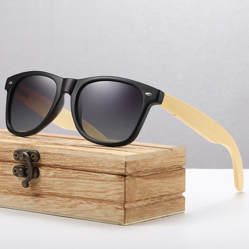 Astute black square wayfarer classic bamboo wood men's sunglasses with anti reflective polarized lenses and premium wooden sunglasses box at aofe the trendy online eyewear store