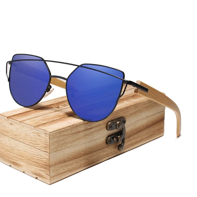 Adorn blue cat eye handmade wooden women's sunglasses with mirror lenses at aofe