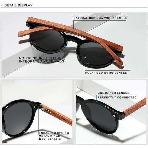 High quality wooden sunglasses made of bubinga wood rimless polarized lenses round frame metal hinges and comfortable nose pads for men and women at aofe fashion eyewear shop online