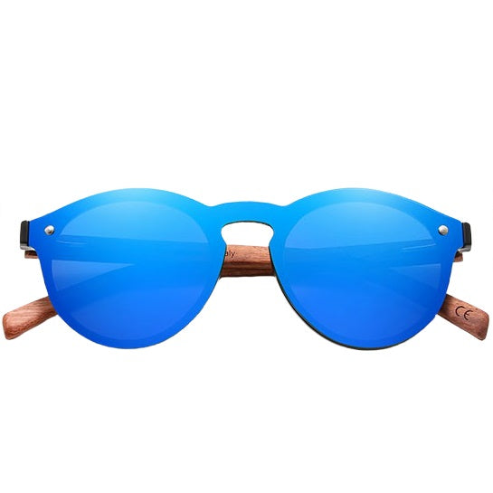 aofe's Lucent unique style handmade wooden sunglasses vibrant blue round rimless frame for men and women with mirrored polarized lenses