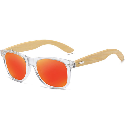 Swanky vibrant red square bamboo wood trendy wayfarer men's and women’s sunglasses with polarized lenses transparent frame at aofe the unique eyewear shop online