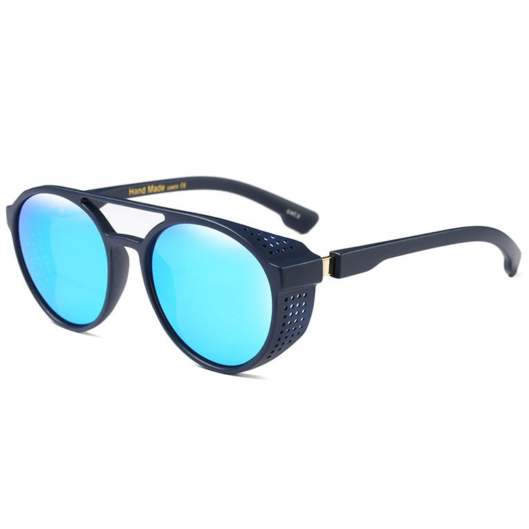 Mnemonic latest punk style round retro men's and women’s sunglasses with mirrored blue polarized lenses at aofe the iconic eyewear shop online