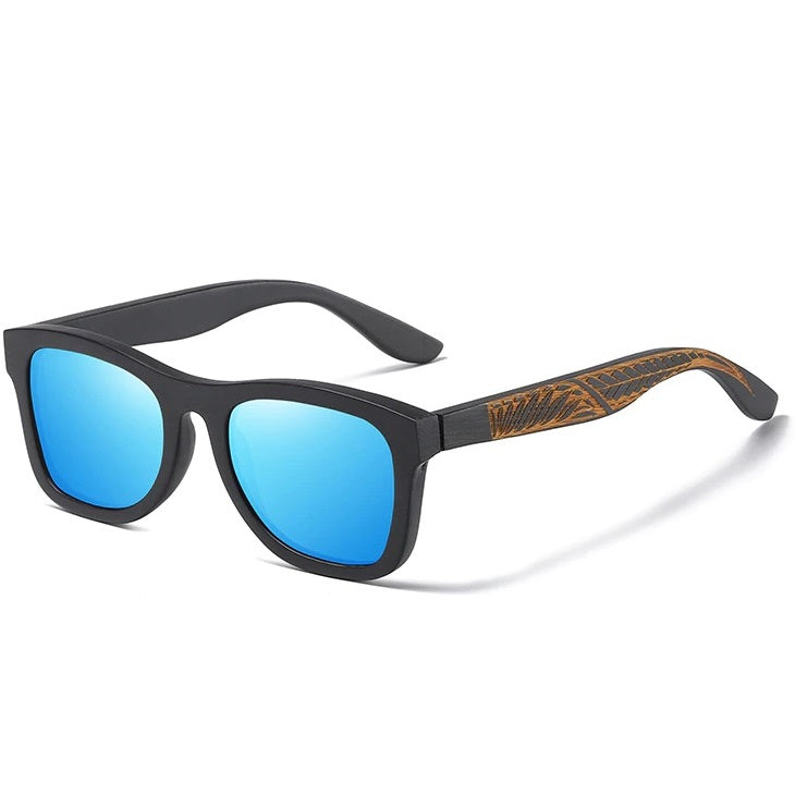 Arcane blue square wayfarer wooden men's and women’s sunglasses with handmade wood carvings and polarized lenses at aofe the unique online eyewear store