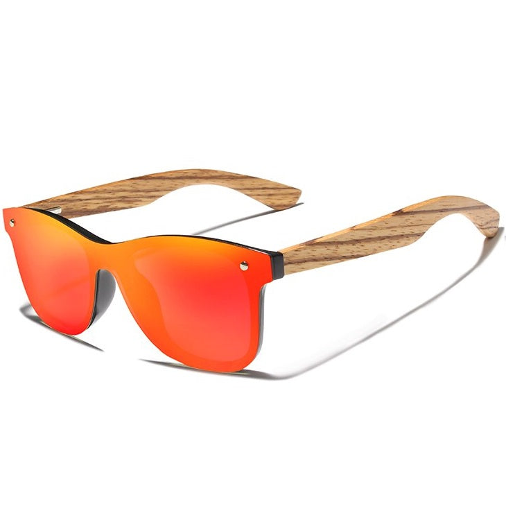 Mirrored Wood Sunglasses Polarized - Black Rimless Mirrored UV400 Lenses for Men, Wooden Box - Intrepid by AOFE Eyewear
