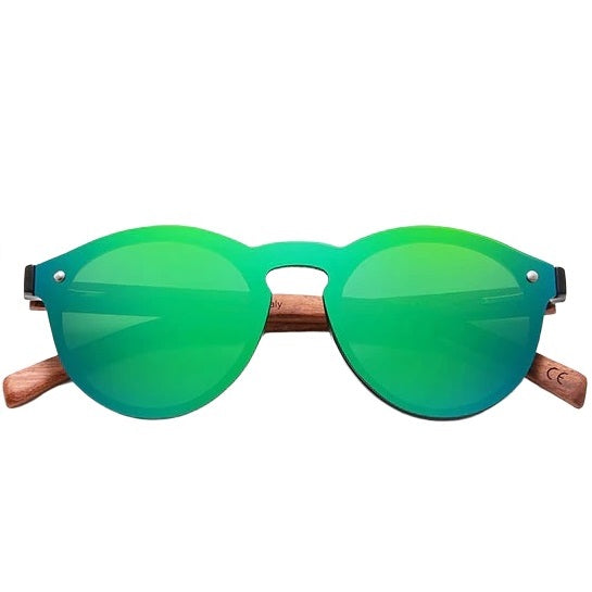 aofe's Lucent unique style handmade wooden sunglasses vibrant green round rimless frame for men and women with mirrored polarized lenses