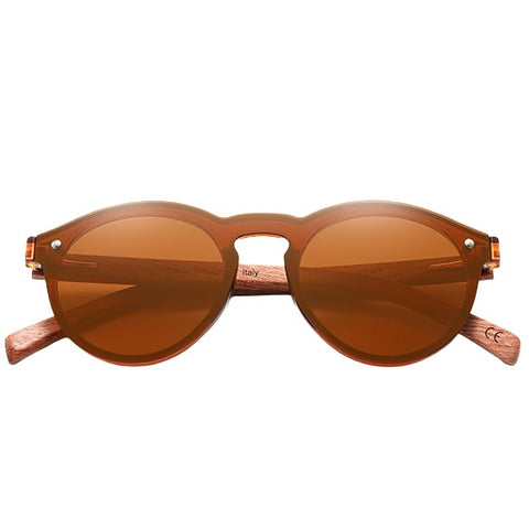 aofe's Lucent unique style handmade wooden sunglasses gradient brown round rimless frame for men and women with anti reflective polarized lenses
