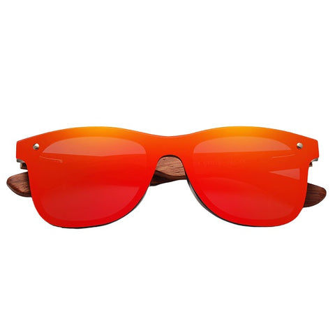 aofe's Errant unique design handmade wooden sunglasses vibrant red square rimless wayfarer for men and women with mirrored polarized lenses