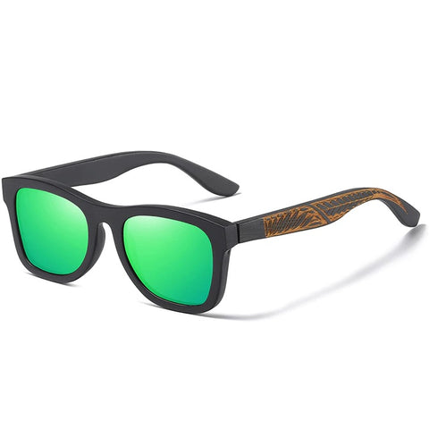 Arcane green square wayfarer wooden men's and women’s sunglasses with handmade wood carvings and polarized lenses at aofe the unique online eyewear store