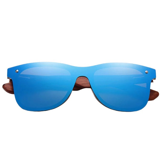 aofe's Errant unique design handmade wooden sunglasses vibrant blue square rimless wayfarer for men and women with mirrored polarized lenses