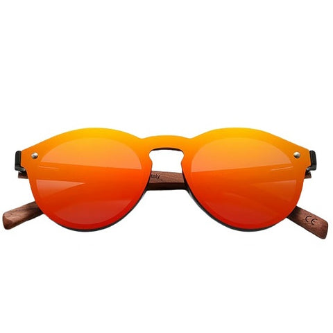 aofe's Lucent unique style handmade wooden sunglasses vibrant red round rimless frame for men and women with mirrored polarized lenses