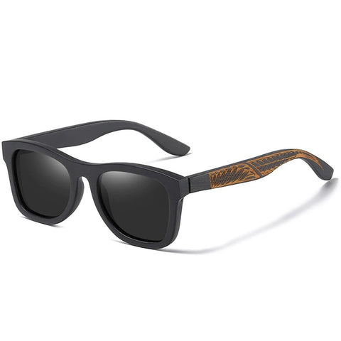 Arcane black square wayfarer wooden men's and women’s sunglasses with handmade wood carvings and polarized lenses at aofe the unique online eyewear store