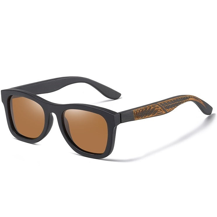 Arcane brown square wayfarer wooden men's and women’s sunglasses with handmade wood carvings and polarized lenses at aofe the unique online eyewear store