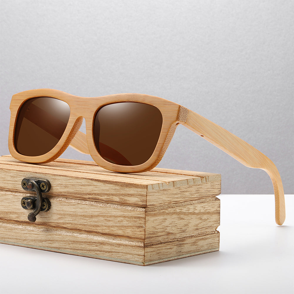 Dulcet brown square wayfarer handmade wooden men's and women’s sunglasses with anti reflective polarized lenses and premium wooden sunglasses box at aofe the tendy online eyewear store