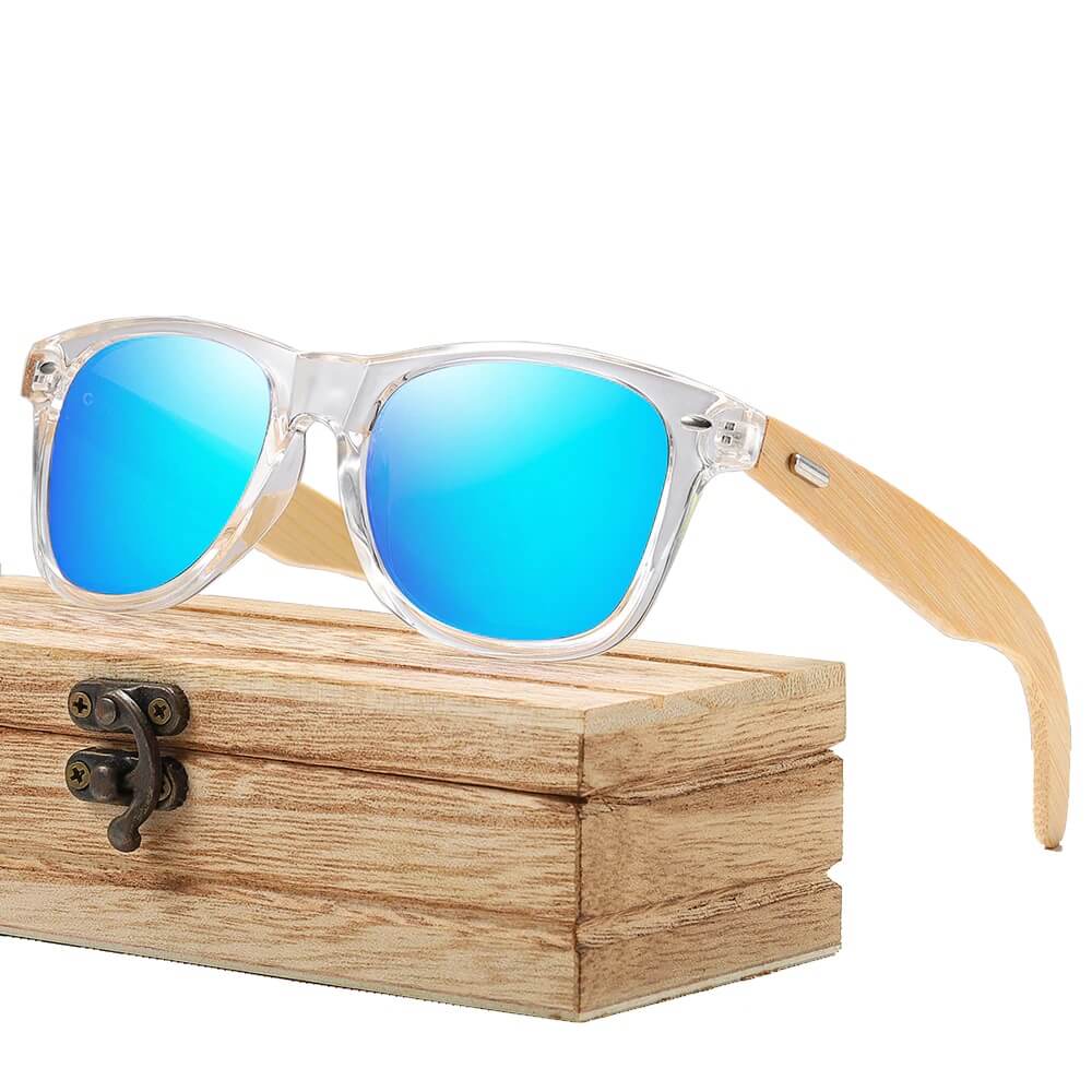 Swanky cool blue square transparent frame wayfarer handmade wooden men's and women’s sunglasses with anti reflective polarized lenses and premium wooden sunglasses box at aofe the tendy online eyewear store