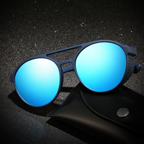 Mnemonic unique punk style modern round sunglasses for men and women with anti reflective mirrored blue polarized lenses and high quality matte black frame comfortable nose pads at aofe fashionable eyewear shop online