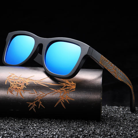 Arcane blue square wayfarer bamboo wood men's and women’s sunglasses with polarized and mirror lenses and wooden sunglasses box with handmade carvings at aofe the iconic online eyewear shop