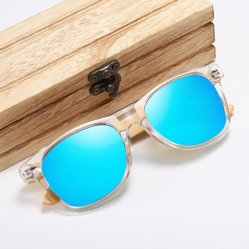 Swanky a premium handmade wooden sunglasses with unique eyewear box a square wayfarer for men and women with polarized anti reflective lenses transparent frame at aofe the best quality sunglasses shop online