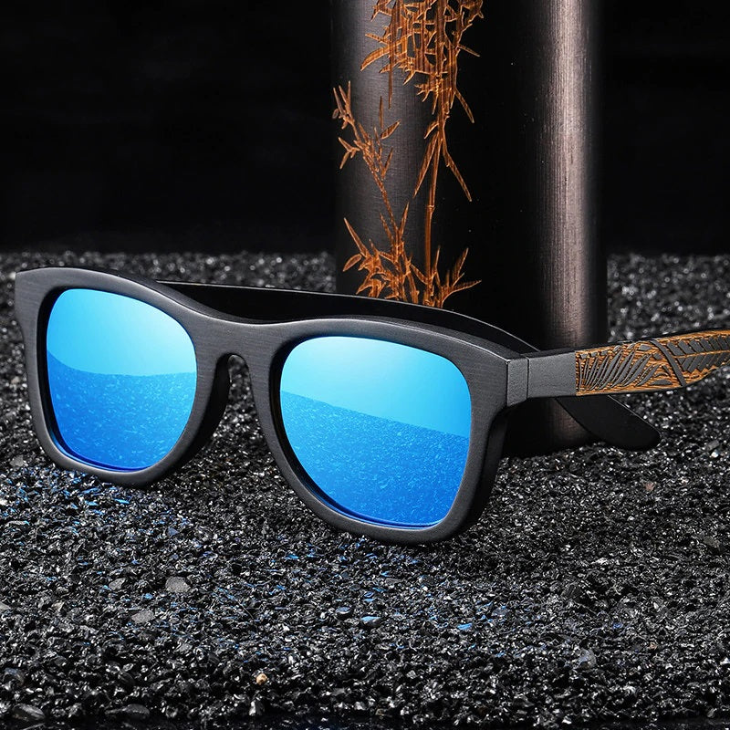 Arcane blue square wayfarer handmade wooden men's and women’s sunglasses with polarized and mirror lenses and premium wooden sunglasses holder at aofe the best eyewear shop online
